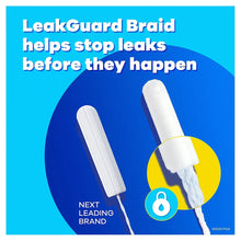 LeakGuard Braid tampon feature card showing two white tampon silhouettes