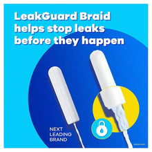 Tampax Pearl tampon with LeakGuard Braid shown beside a braid detail