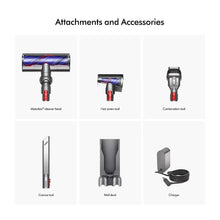 Dyson V11 vacuum attachments set, including floorhead, crevice tool, and charger