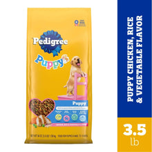 Pedigree Puppy dry dog food bag with 3.5 lb chicken, rice, and vegetable flavor label