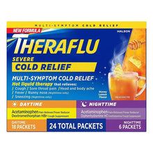 Theraflu severe multi-symptom cold relief box showing 24 total and 6 nighttime packets