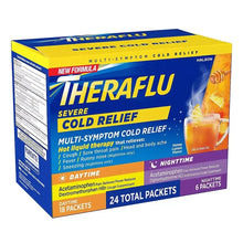 Theraflu severe cold relief multipack box angled view, 24 total packets and 6 nighttime