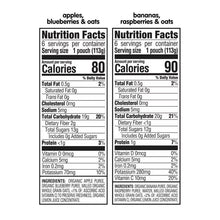 HappyBABY pouch nutrition facts for apple, blueberry and oat and banana, raspberry and oat flavors