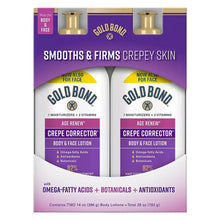 Crepe corrector body lotion twin pack in purple boxes with Gold Bond logos