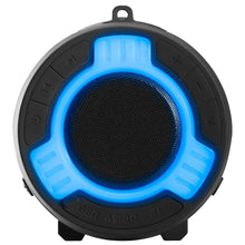Portable waterproof Bluetooth speaker front grille with blue LED ring and control buttons