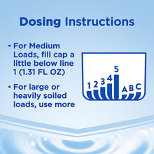 Dosing instructions panel with fill-cap line and measuring guide for laundry detergent
