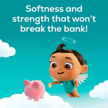 Toilet paper softness graphic with cartoon angel and piggy bank.