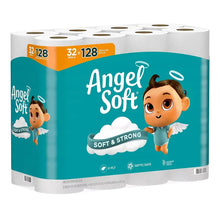 Angel Soft mega roll toilet paper pack with teal branding and cartoon angel.