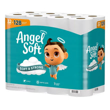Angel Soft mega roll toilet paper pack with cartoon angel and teal front panel.