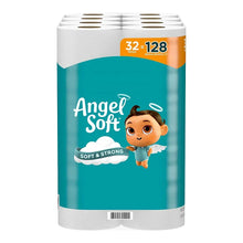 Toilet paper mega roll package with cartoon angel and 32-128 label.