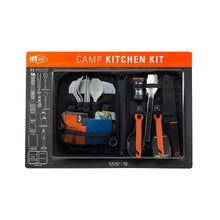23-piece camp kitchen utensil set in black case with orange-handled tools