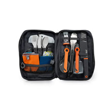 Camp kitchen set organizer bag showing cutlery, cookware, and orange-handled tools