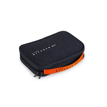 Camp kitchen kit case with black fabric, orange trim band, and zip closure