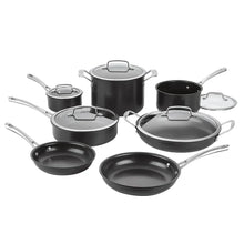 Hard anodized cookware set with black pots and pans and matching lids