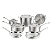 Stainless steel cookware set with lids and loop handles, multi-piece