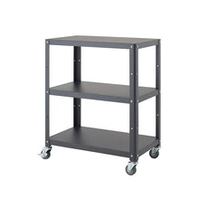 Dark grey utility cart with three open shelves on wheeled casters