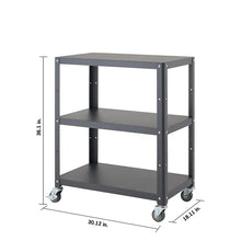 Dark grey utility cart, three-tier open shelves, four caster wheels.