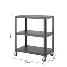 Dark grey metal utility cart with three tiers and caster wheels
