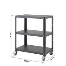 Dark grey metal utility cart with three shelves on rolling caster wheels