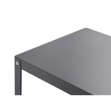 Dark grey metal cart top shelf with corner frame and visible bolt heads