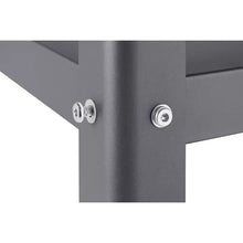 Dark grey metal frame corner with two silver bolt heads and shelf support