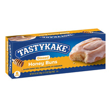 Glazed honey buns pastry snack box side view with Tastykake branding and bun photo