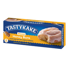 Glazed honey buns pastry snack box front corner view with Tastykake logo and bun photo