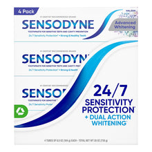 Toothpaste 4-pack carton, Advanced Whitening, 24/7 sensitivity protection, blue and white