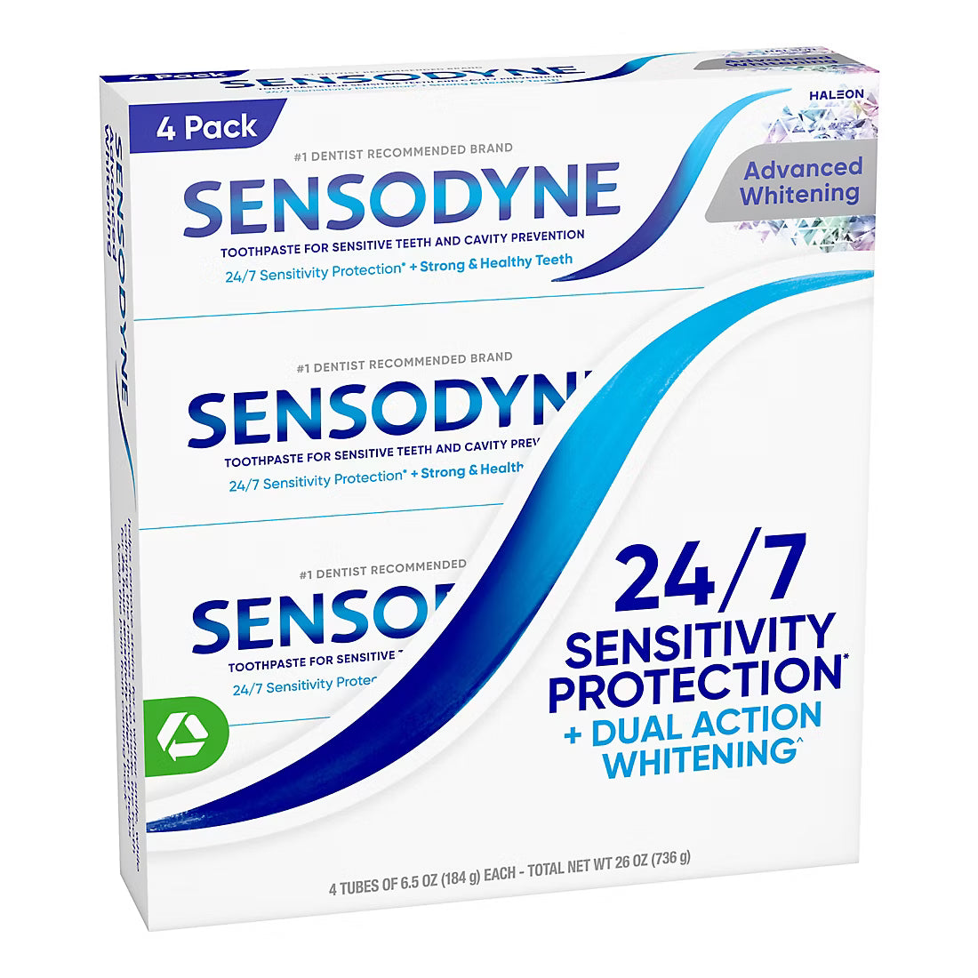 Sensodyne Advanced Whitening Toothpaste, For Sensitive Teeth and Cavity Protection, 4 pk./6.5 oz.