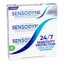 Toothpaste 4-pack carton showing Advanced Whitening, 24/7 sensitivity protection, blue/white