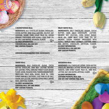 Back of assorted mini chocolate bar package showing ingredient and allergen list