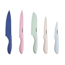 Pastel ceramic-coated cutlery set with blue, pink, mint, white and light-blue knives