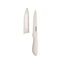 White ceramic-coated knife with cream blade and serrated edge on tip