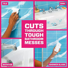 Bathroom cleaning sponge feature collage showing tile, bathtub, sink, and shower glass