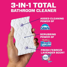 Magic eraser sponge pad held in hand for 3-in-1 total bathroom cleaning
