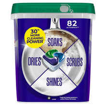 Cascade Platinum Plus dishwasher pods container back with 82 action packs circle graphic