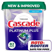 Cascade Platinum Plus dishwasher pod tub, 82 packs, Roto-Rooter safe for pipes