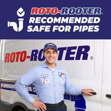 Roto-Rooter recommended safe for pipes message with plumber standing in front