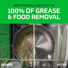 Dishwasher cleaning before-and-after with 100% grease and food removal claim