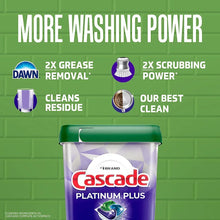 Cascade Platinum Plus dishwasher pod tub with more washing power graphic