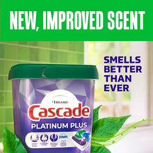 Cascade Platinum Plus dishwasher pods container with fresh scent label and green leaf accents