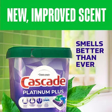 Cascade Platinum Plus dishwasher pod tub with fresh scent and leaf accents