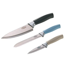 Three-knife chef set with soft handles in dark green, blue, and beige; steel blades.