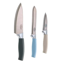 Three soft-handle knife set with steel blades; one serrated, handles in dark green, blue, beige.