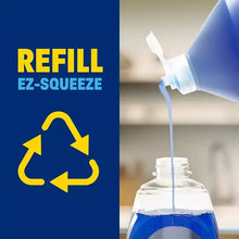 EZ-Squeeze dish soap bottle being refilled, blue liquid pouring into open bottle