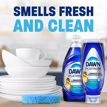 Dawn Platinum dish soap with EZ-Squeeze bottle, sponge, and stacked white bowls