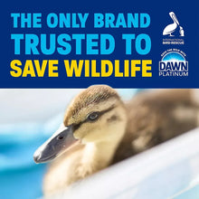 Dawn Platinum dish soap promo label with bird illustration, blue and yellow text