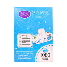 Baby wipes pack, fragrance-free, blue design with 1080 wipes count and product claims