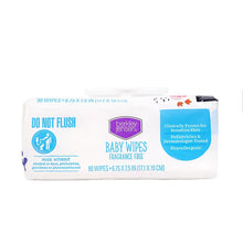 Baby wipes pack, fragrance-free, white wrapper labeled 90 wipes with do not flush sign