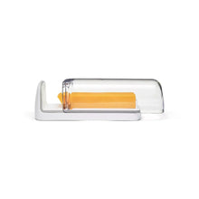 Cheese storage box with open clear lid and orange cheese block